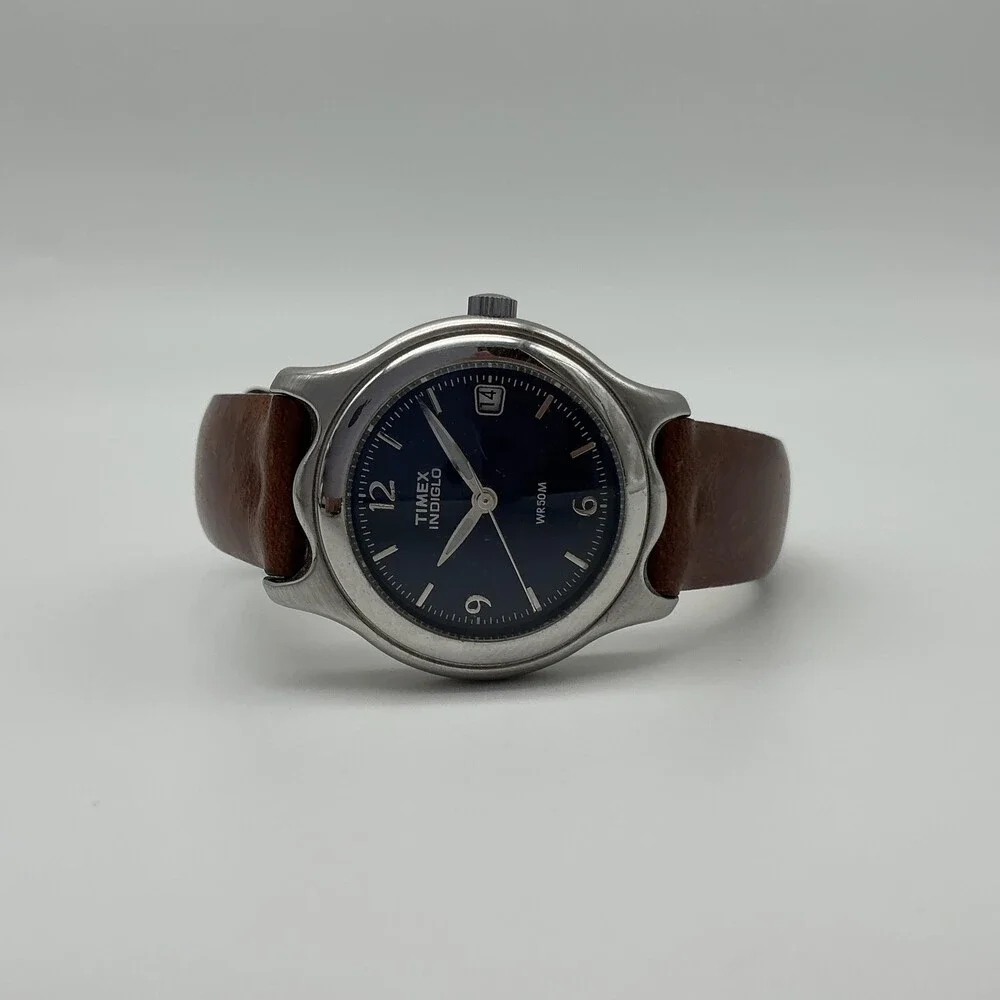 Timex Indiglo WR 50M Womens Watch 28mm Blue Dial Brown Leather New Battery